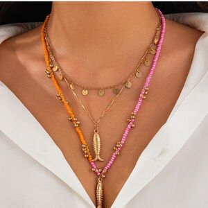 Fishes Layered Gold Pendant Necklace with Pink and Orange Beads